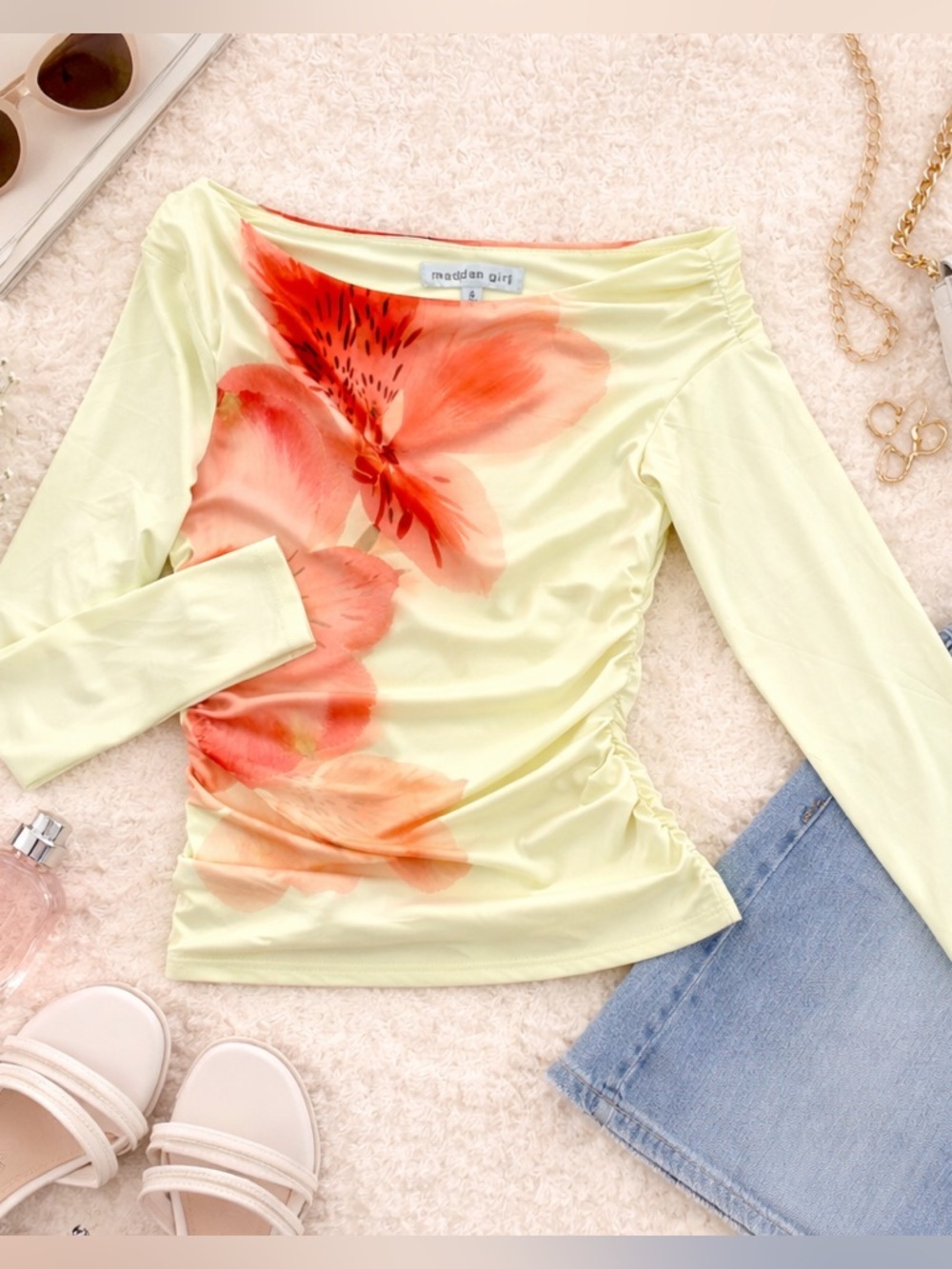 Madden Girl Floral Off Shoulder Ruched Top S Yellow Long Sleeve Y2K Fairycore - Picture 1 of 15